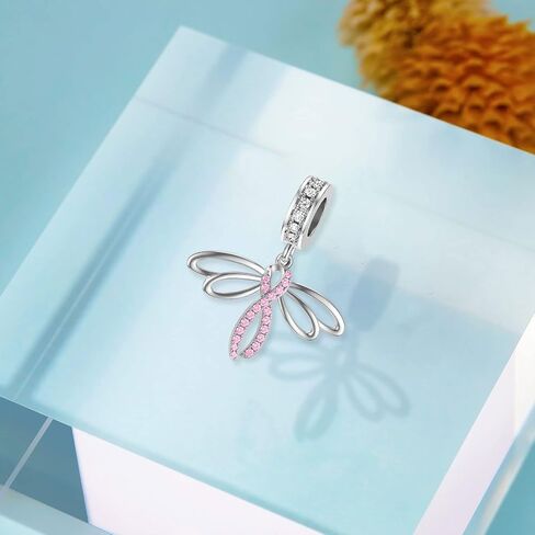 LEECCI Breast Cancer Awareness Charm Dragonfly Pink Ribbon Charm for Bracelet Sterling Silver Women's Charm Bead Bracelets with Cubic Zirconia Breast Cancer Survivor Gifts for Women, Sterling Silver, in Saudi Arabia