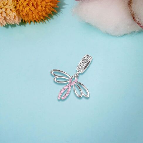 LEECCI Breast Cancer Awareness Charm Dragonfly Pink Ribbon Charm for Bracelet Sterling Silver Women's Charm Bead Bracelets with Cubic Zirconia Breast Cancer Survivor Gifts for Women, Sterling Silver, in Saudi Arabia
