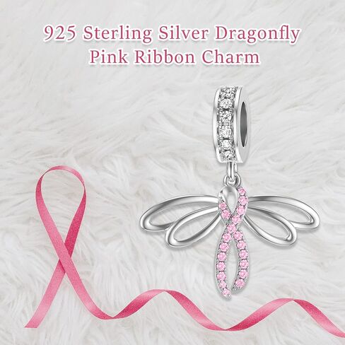 LEECCI Breast Cancer Awareness Charm Dragonfly Pink Ribbon Charm for Bracelet Sterling Silver Women's Charm Bead Bracelets with Cubic Zirconia Breast Cancer Survivor Gifts for Women, Sterling Silver, in Saudi Arabia