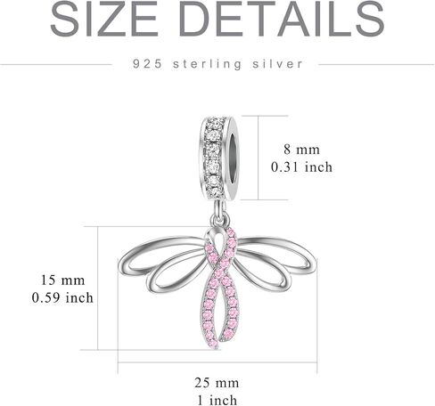 LEECCI Breast Cancer Awareness Charm Dragonfly Pink Ribbon Charm for Bracelet Sterling Silver Women's Charm Bead Bracelets with Cubic Zirconia Breast Cancer Survivor Gifts for Women, Sterling Silver, in Saudi Arabia