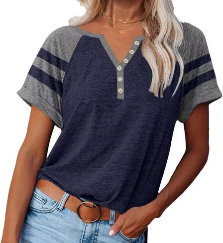 Women Henley Summer Tee Color Block Y2K Tops Button Down T-Shirts Raglan Short Sleeves Casual Tunic in Saudi Arabia