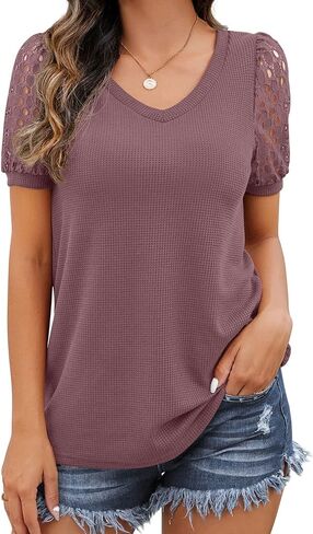IWOLLENCE Waffle Knit Lace Short Sleeve Blouses V Neck T Shirts Summer Casual Tops for Women in Saudi Arabia