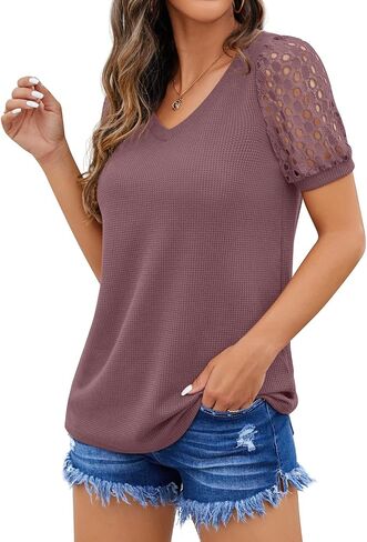 IWOLLENCE Waffle Knit Lace Short Sleeve Blouses V Neck T Shirts Summer Casual Tops for Women in Saudi Arabia
