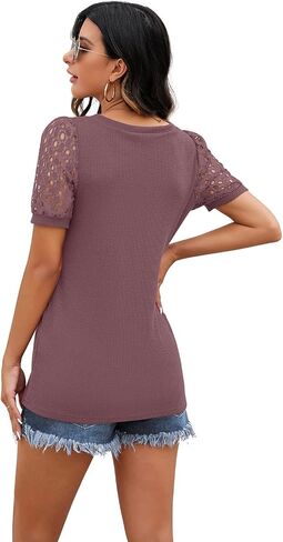 IWOLLENCE Waffle Knit Lace Short Sleeve Blouses V Neck T Shirts Summer Casual Tops for Women in Saudi Arabia