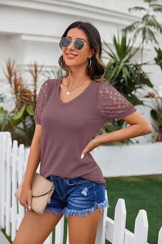 IWOLLENCE Waffle Knit Lace Short Sleeve Blouses V Neck T Shirts Summer Casual Tops for Women in Saudi Arabia