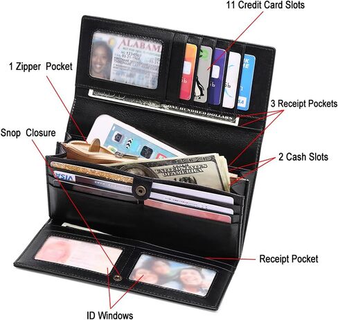 FALAN MULE محفظة نسائية ذات سعة كبيرة RFID Blocking محفظة ثلاثية الطي من الجلد الأصلي, ايه سي_بلاك, L in Kuwait