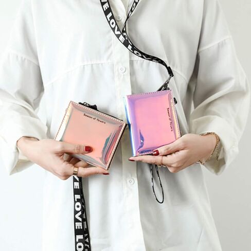 MINGSEECESS Women Bifold Leather Small Wallet Shiny Holographic Zipper Card Holder Coin Change Wallet Clutch Purse with 2 Straps in Saudi Arabia