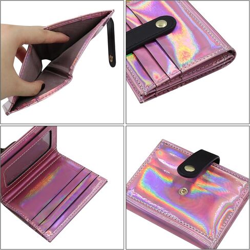 MINGSEECESS Women Bifold Leather Small Wallet Shiny Holographic Zipper Card Holder Coin Change Wallet Clutch Purse with 2 Straps in Saudi Arabia