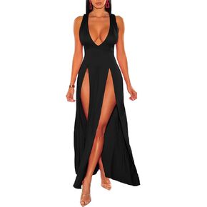 xxxiticat Women's Double Slit Maxi Tank Dress Sleeveless Deep V-Neck Low Cut High Split Cover Up Long Bodycon Wrap Dress in Kuwait