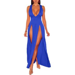 xxxiticat Women's Double Slit Maxi Tank Dress Sleeveless Deep V-Neck Low Cut High Split Cover Up Long Bodycon Wrap Dress