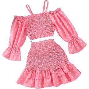 OYOANGLE Girl's 2 Piece Outfits Heart Print Long Puff Sleeve Cold Shoulder Crop Top and Ruffle Layered Hem Skirt Set in Saudi Arabia