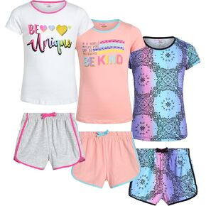 طقم شورت رياضي للفتيات من Dreamstar - 6 قطع تي شيرت بأكمام قصيرة وشورت دولفين (7-16) in Kuwait