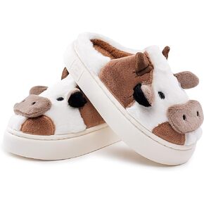 INNAPER Cartoon Cow Cotton Slippers, Fluffy Cute Cozy High Platform Cow Slipper Winter Indoor Outdoor Slippers for Women