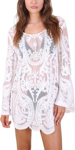 Anna-Kaci Women's Summer Beach Floral Lace Cover Up Swimwear Bathing Suit V Neck Mini Dress in Saudi Arabia
