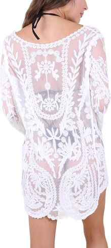 Anna-Kaci Women's Summer Beach Floral Lace Cover Up Swimwear Bathing Suit V Neck Mini Dress in Saudi Arabia