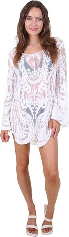 Anna-Kaci Women's Summer Beach Floral Lace Cover Up Swimwear Bathing Suit V Neck Mini Dress in Saudi Arabia