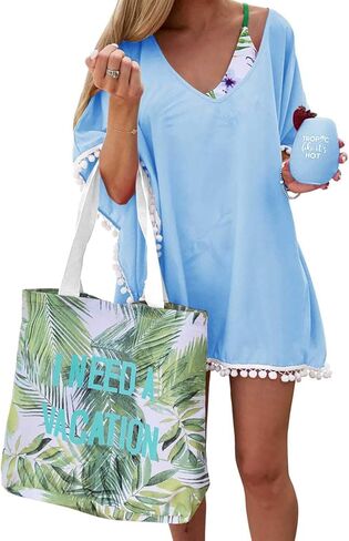 بدلة سباحة نسائية من PINKMSTYLE مصنوعة من الشيفون بوم بوم قفطان للشاطئ لتغطية ملابس السباحة وبدلة السباحة in Kuwait