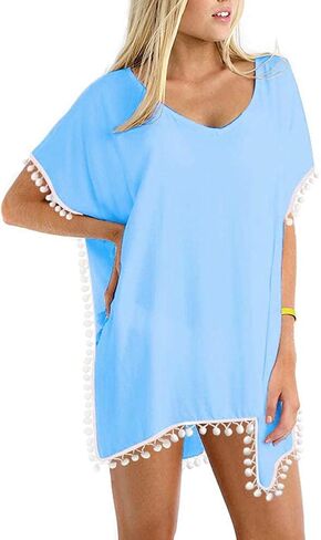 بدلة سباحة نسائية من PINKMSTYLE مصنوعة من الشيفون بوم بوم قفطان للشاطئ لتغطية ملابس السباحة وبدلة السباحة in Kuwait