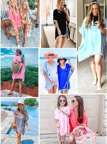 بدلة سباحة نسائية من PINKMSTYLE مصنوعة من الشيفون بوم بوم قفطان للشاطئ لتغطية ملابس السباحة وبدلة السباحة in Kuwait