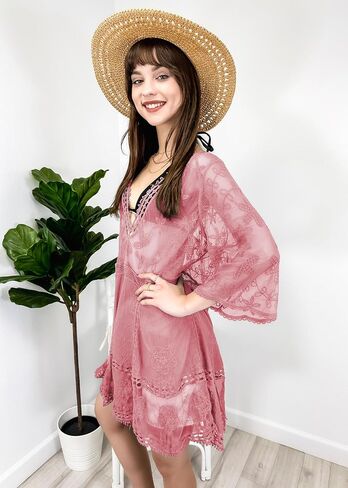 Anna-Kaci Women's Summer Beach Floral Lace Cover Up Swimwear Bathing Suit V Neck Mini Dress in Saudi Arabia