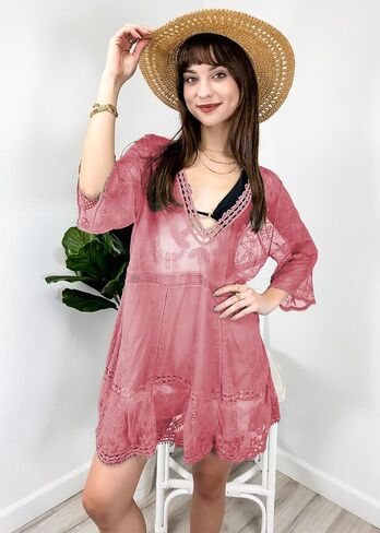 Anna-Kaci Women's Summer Beach Floral Lace Cover Up Swimwear Bathing Suit V Neck Mini Dress in Saudi Arabia