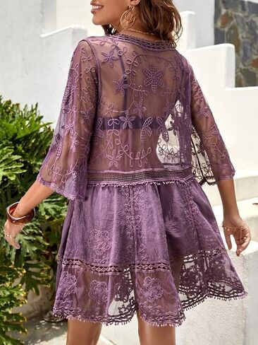 Anna-Kaci Women's Summer Beach Floral Lace Cover Up Swimwear Bathing Suit V Neck Mini Dress in Saudi Arabia