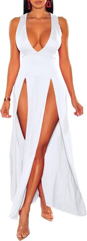 xxxiticat Women's Double Slit Maxi Tank Dress Sleeveless Deep V-Neck Low Cut High Split Cover Up Long Bodycon Wrap Dress in Saudi Arabia