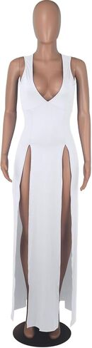 xxxiticat Women's Double Slit Maxi Tank Dress Sleeveless Deep V-Neck Low Cut High Split Cover Up Long Bodycon Wrap Dress in Saudi Arabia