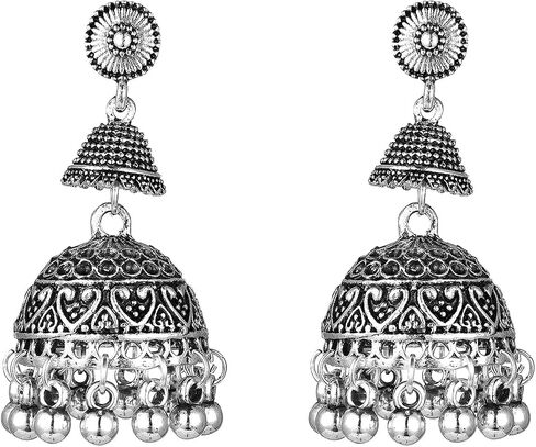 Seakuur جرس شرابة هندية خمر بوليوود الغجر الذهب والفضة مطلي التقليدية Jhumka Jhumki أقراط للنساء والفتيات in Saudi Arabia