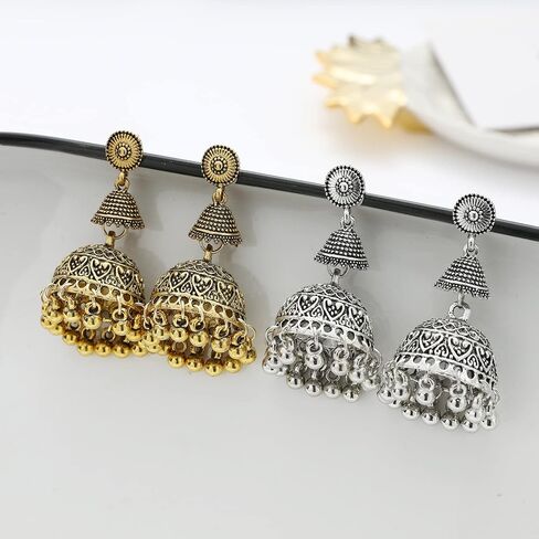 Seakuur جرس شرابة هندية خمر بوليوود الغجر الذهب والفضة مطلي التقليدية Jhumka Jhumki أقراط للنساء والفتيات in Saudi Arabia