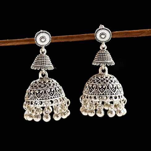 Seakuur جرس شرابة هندية خمر بوليوود الغجر الذهب والفضة مطلي التقليدية Jhumka Jhumki أقراط للنساء والفتيات in Saudi Arabia
