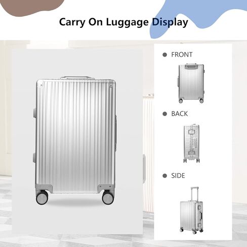 حقائب أمتعة من الألومنيوم من LARVENDER تحمل على الأمتعة ذات هيكل صلب وحقائب معدنية خفيفة الوزن بدون سحاب مع حقيبة أزياء بقفل TSA مع عجلات دوارة للسفر/العمل (1903 فضي، 20 بوصة) in Kuwait