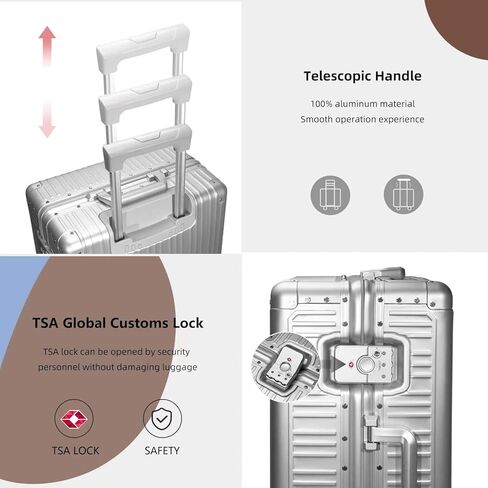 حقائب أمتعة من الألومنيوم من LARVENDER تحمل على الأمتعة ذات هيكل صلب وحقائب معدنية خفيفة الوزن بدون سحاب مع حقيبة أزياء بقفل TSA مع عجلات دوارة للسفر/العمل (1903 فضي، 20 بوصة) in Kuwait