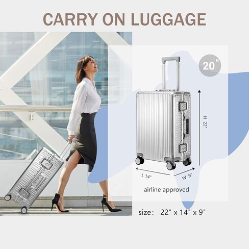 حقائب أمتعة من الألومنيوم من LARVENDER تحمل على الأمتعة ذات هيكل صلب وحقائب معدنية خفيفة الوزن بدون سحاب مع حقيبة أزياء بقفل TSA مع عجلات دوارة للسفر/العمل (1903 فضي، 20 بوصة) in Kuwait