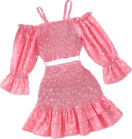 OYOANGLE Girl's 2 Piece Outfits Heart Print Long Puff Sleeve Cold Shoulder Crop Top and Ruffle Layered Hem Skirt Set in Saudi Arabia