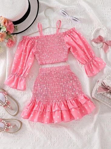 OYOANGLE Girl's 2 Piece Outfits Heart Print Long Puff Sleeve Cold Shoulder Crop Top and Ruffle Layered Hem Skirt Set in Saudi Arabia