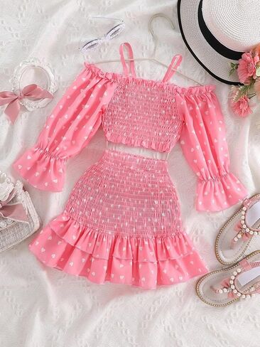 OYOANGLE Girl's 2 Piece Outfits Heart Print Long Puff Sleeve Cold Shoulder Crop Top and Ruffle Layered Hem Skirt Set in Saudi Arabia