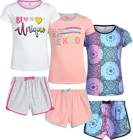 طقم شورت رياضي للفتيات من Dreamstar - 6 قطع تي شيرت بأكمام قصيرة وشورت دولفين (7-16) in Kuwait