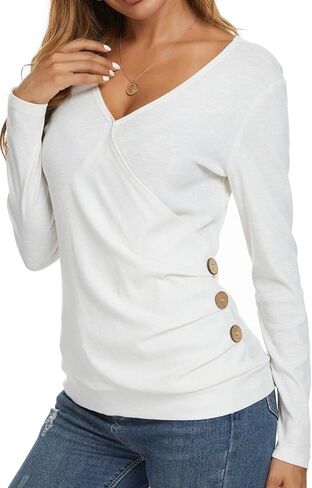 WEIYAN Women's Wrap Tops V Neck Tunic Long Sleeve Casual T-Shirts Blouse in Saudi Arabia
