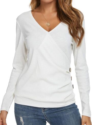 WEIYAN Women's Wrap Tops V Neck Tunic Long Sleeve Casual T-Shirts Blouse in Saudi Arabia