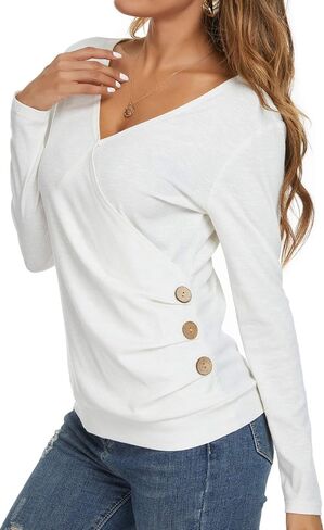 WEIYAN Women's Wrap Tops V Neck Tunic Long Sleeve Casual T-Shirts Blouse in Saudi Arabia