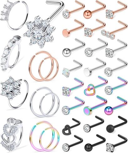 Kridzisw 18 جرام 20 جرام حلقات الأنف هوب الجراحية الصلب على شكل حرف L حلقات الأنف ترصيع الزنمة الغضروف اللولب أقراط ثقب هوب 35 قطعة in Kuwait