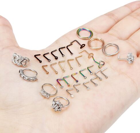 Kridzisw 18 جرام 20 جرام حلقات الأنف هوب الجراحية الصلب على شكل حرف L حلقات الأنف ترصيع الزنمة الغضروف اللولب أقراط ثقب هوب 35 قطعة in Kuwait