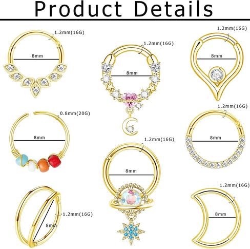 MJust 8Pcs Septum Rings 16G for Women Men Stainless Steel Dangle Septum Piercing Jewelry Moon Heart CZ 8MM/10MM Daith Jewelry in Kuwait