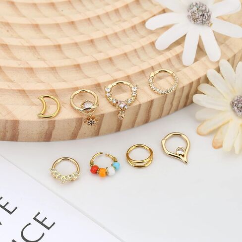 MJust 8Pcs Septum Rings 16G for Women Men Stainless Steel Dangle Septum Piercing Jewelry Moon Heart CZ 8MM/10MM Daith Jewelry in Kuwait