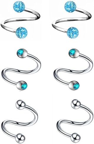 6pc 16g Surgical Steel Twist Bar Crystal Earring Spiral Eyebrow Ring Ear Stud Helix Cartilage Lip Piercing Set in Saudi Arabia
