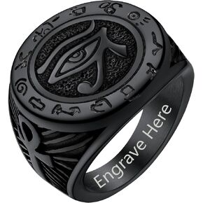 ChainsProMax Can Engrave Men Ancient Egyptian Eye of Ra horus Ankh Cross Ring, Size #7-#14, Stainless Steel/Gold Plated/Black (Send Gift Box)