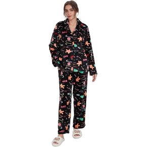 GELIYIYUE طقم بيجامة نسائي شتوي مريح من الصوف مكون من قطعتين بأكمام طويلة وأزرار أمامية مع جيوب in Kuwait