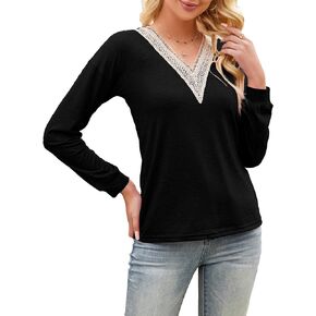 SDEER Women's V Neck T-Shirt Tops Hollow Lace Splicing Long Sleeve Loose T Shirts Work Tops