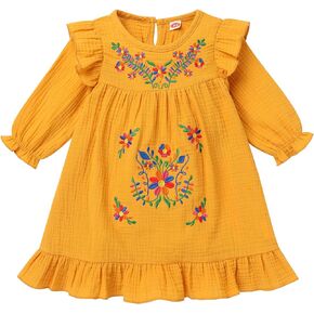 IMEKIS Toddler Kids Girls Mexican Dress Fall Long Sleeve Embroidered Floral Birthday Outfit Halloween Cosplay Costume in Kuwait